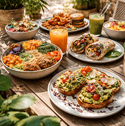 gedeckter Tisch mit vegetarischen Gerichten